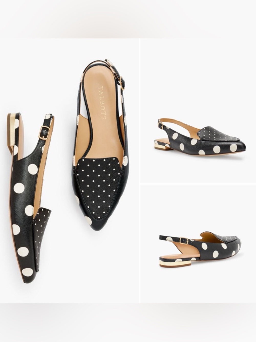 Talbots leather POPPY POINTED TOE SLINGBACKS - Black and Cream DOT 7.5M NEW